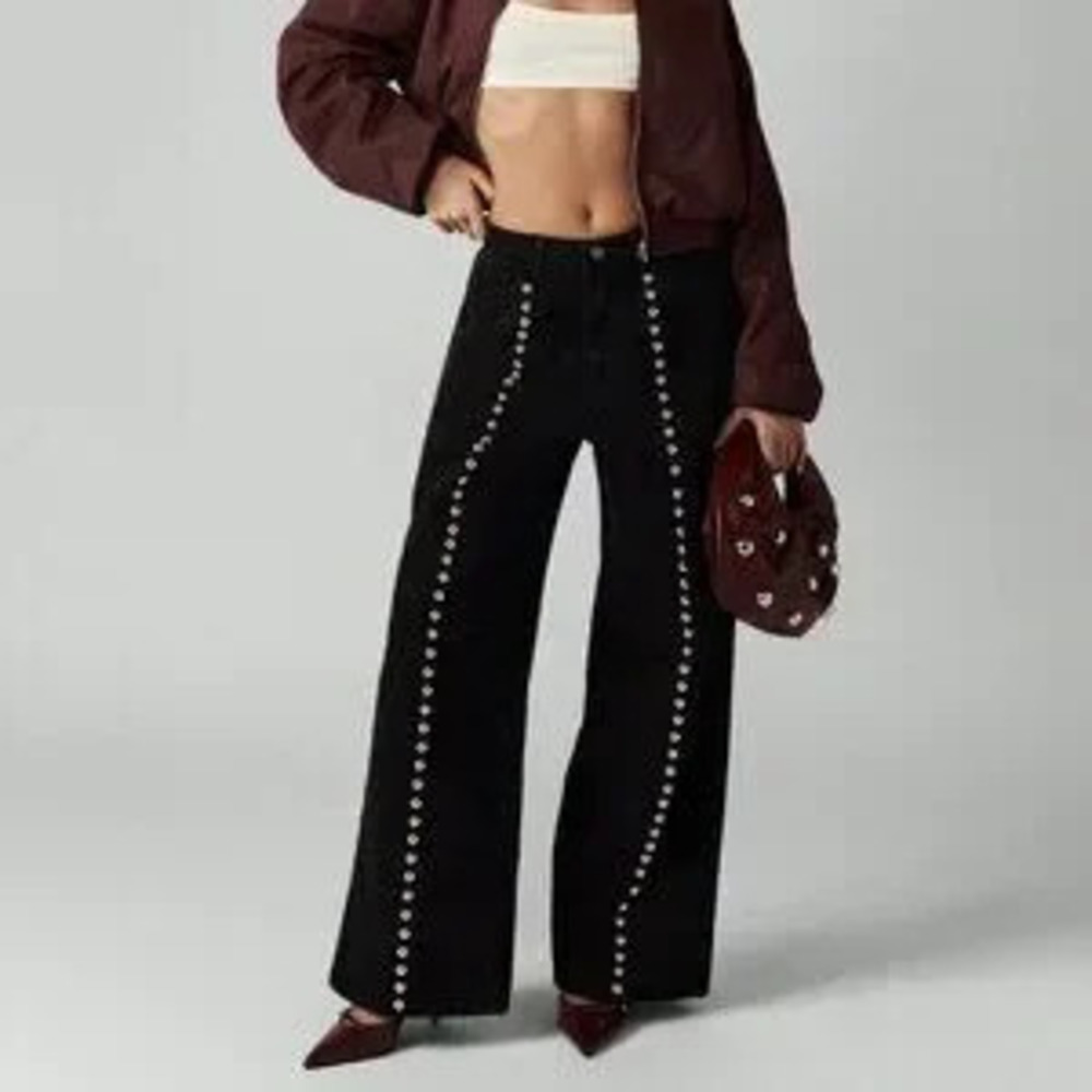Black Casual Women's Cotton Studded Wide Leg High Rise Jeans With Metal Details
